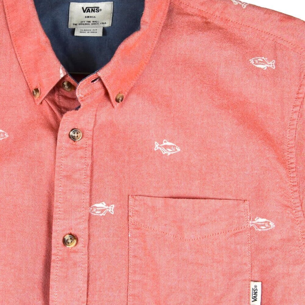 VANS Men's Button Up Shirt Oxford fabric Red Fish All Over Print Size Small